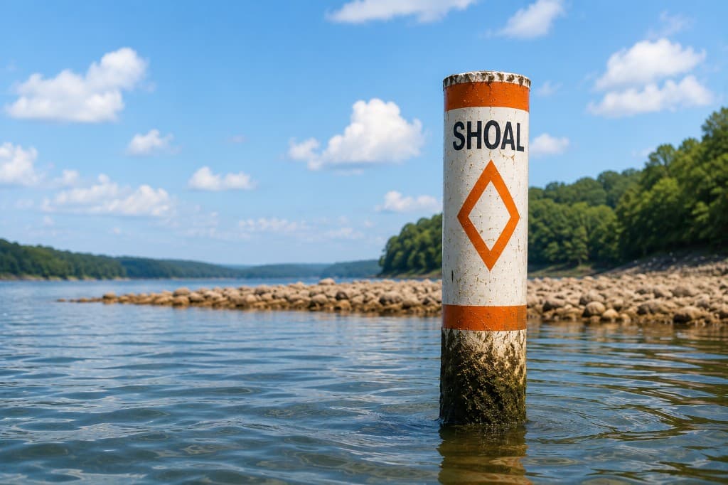 Shoal marker buoy on a rocky shoreline warning of shallow water during low lake conditions, with forested hills across the reservoir.