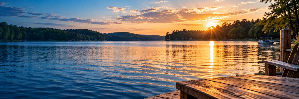 Sunset over a calm lake from a wooden dock, with a boat near the tree-lined shore